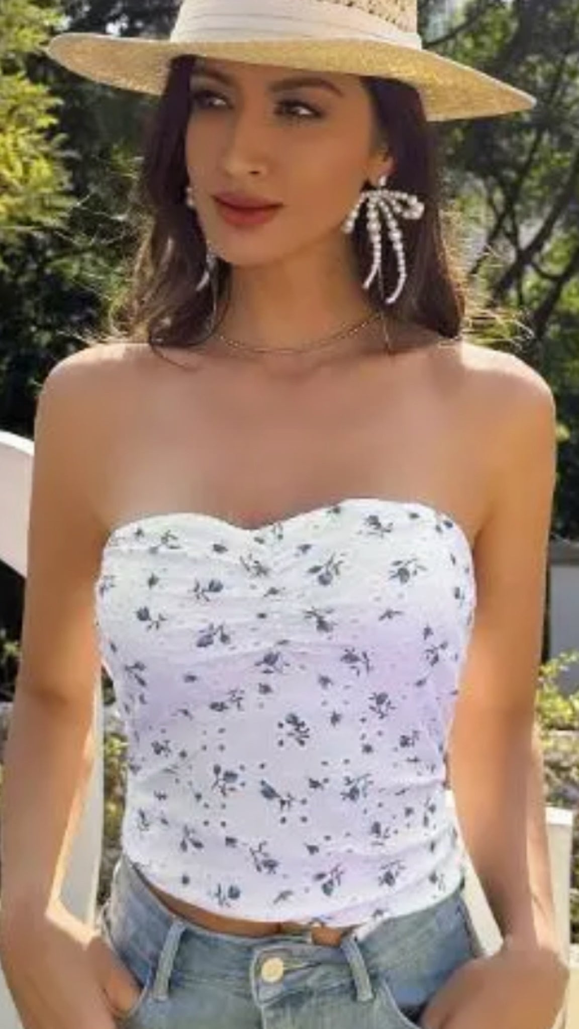 Top flore azul elástico